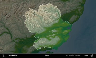 Angus. Birleşik Krallık 'ın idari alanı koyu renkli bir yükseklik haritasına vurgulanmış ve özetlenmiştir