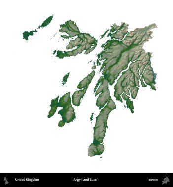 Argyll ve Bute. Birleşik Krallık 'ın idari alanı renkli bir yükseklik haritasında beyaz üzerine izole edilmiş
