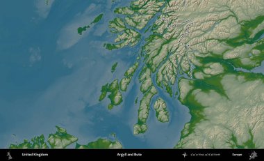 Argyll ve Bute. Renkli bir yükseklik haritasında Birleşik Krallık 'ın özetlenmiş yönetim alanı