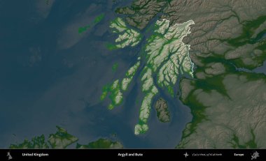 Argyll ve Bute. Birleşik Krallık 'ın idari alanı koyu renkli bir yükseklik haritasına vurgulanmış ve özetlenmiştir