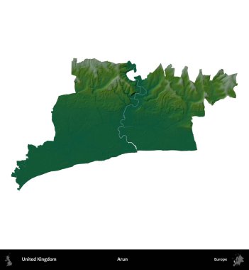 Arun. Birleşik Krallık 'ın idari alanı renkli bir yükseklik haritasında beyaz üzerine izole edilmiş