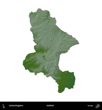 Ashfield. Birleşik Krallık 'ın idari alanı renkli bir yükseklik haritasında beyaz üzerine izole edilmiş