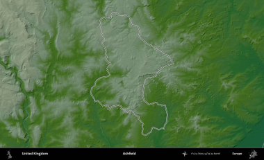 Ashfield. Renkli bir yükseklik haritasında Birleşik Krallık 'ın özetlenmiş yönetim alanı