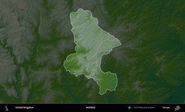 Ashfield. Birleşik Krallık 'ın idari alanı koyu renkli bir yükseklik haritasına vurgulanmış ve özetlenmiştir