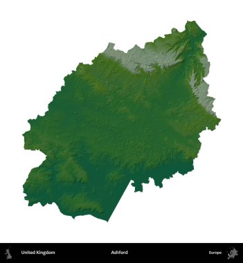 Ashford. Birleşik Krallık 'ın idari alanı renkli bir yükseklik haritasında beyaz üzerine izole edilmiş