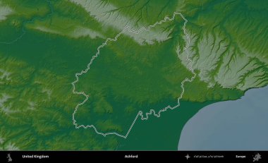 Ashford. Renkli bir yükseklik haritasında Birleşik Krallık 'ın özetlenmiş yönetim alanı