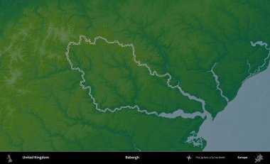 Babergh. Renkli bir yükseklik haritasında Birleşik Krallık 'ın özetlenmiş yönetim alanı