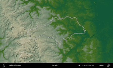 Barnsley. Renkli bir yükseklik haritasında Birleşik Krallık 'ın özetlenmiş yönetim alanı