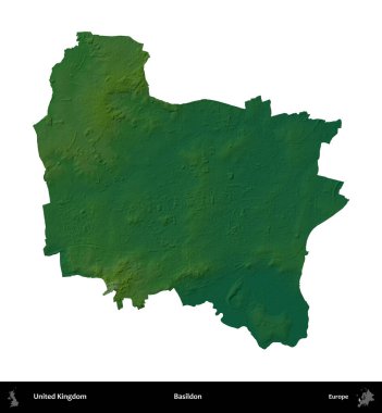 Basildon. Birleşik Krallık 'ın idari alanı renkli bir yükseklik haritasında beyaz üzerine izole edilmiş