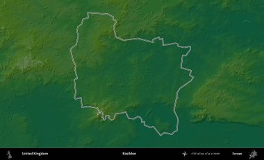 Basildon. Renkli bir yükseklik haritasında Birleşik Krallık 'ın özetlenmiş yönetim alanı