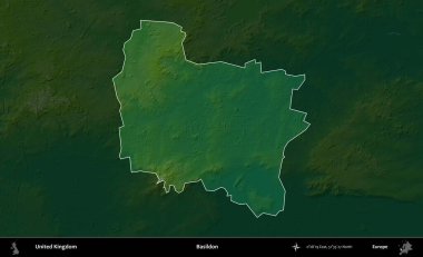 Basildon. Birleşik Krallık 'ın idari alanı koyu renkli bir yükseklik haritasına vurgulanmış ve özetlenmiştir