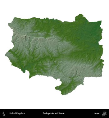 Basingstoke ve Deane. Birleşik Krallık 'ın idari alanı renkli bir yükseklik haritasında beyaz üzerine izole edilmiş