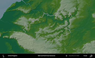 Bath ve Kuzey Doğu Somerset. Renkli bir yükseklik haritasında Birleşik Krallık 'ın özetlenmiş yönetim alanı