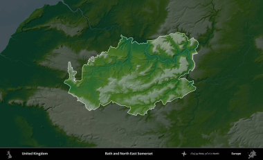 Bath ve Kuzey Doğu Somerset. Birleşik Krallık 'ın idari alanı koyu renkli bir yükseklik haritasına vurgulanmış ve özetlenmiştir