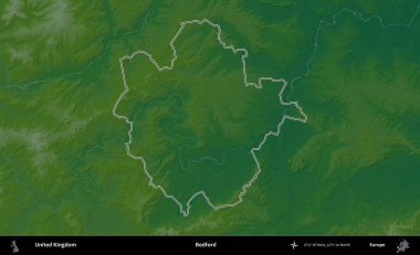 Bedford. Renkli bir yükseklik haritasında Birleşik Krallık 'ın özetlenmiş yönetim alanı