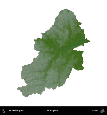 Birmingham. Birleşik Krallık 'ın idari alanı renkli bir yükseklik haritasında beyaz üzerine izole edilmiş