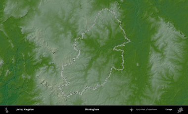 Birmingham. Renkli bir yükseklik haritasında Birleşik Krallık 'ın özetlenmiş yönetim alanı