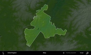 Blaby. Birleşik Krallık 'ın idari alanı koyu renkli bir yükseklik haritasına vurgulanmış ve özetlenmiştir