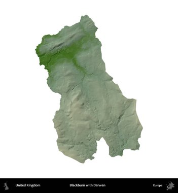 Blackburn ve Darwen. Birleşik Krallık 'ın idari alanı renkli bir yükseklik haritasında beyaz üzerine izole edilmiş