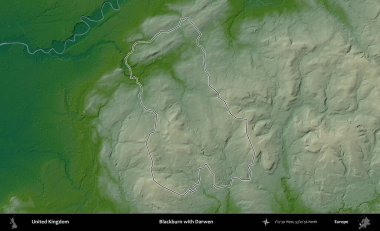 Blackburn ve Darwen. Renkli bir yükseklik haritasında Birleşik Krallık 'ın özetlenmiş yönetim alanı