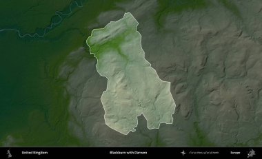 Blackburn ve Darwen. Birleşik Krallık 'ın idari alanı koyu renkli bir yükseklik haritasına vurgulanmış ve özetlenmiştir