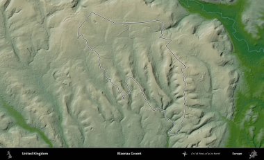 Blaenau Gwent. Renkli bir yükseklik haritasında Birleşik Krallık 'ın özetlenmiş yönetim alanı
