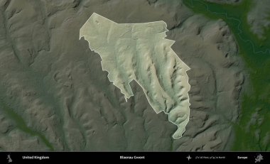 Blaenau Gwent. Birleşik Krallık 'ın idari alanı koyu renkli bir yükseklik haritasına vurgulanmış ve özetlenmiştir