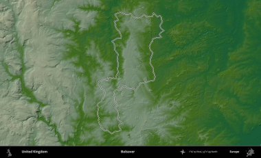 Bolsover. Renkli bir yükseklik haritasında Birleşik Krallık 'ın özetlenmiş yönetim alanı