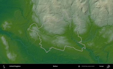 Bolton. Renkli bir yükseklik haritasında Birleşik Krallık 'ın özetlenmiş yönetim alanı