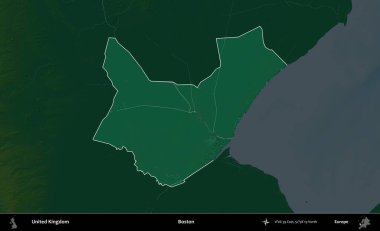 - Boston. Birleşik Krallık 'ın idari alanı koyu renkli bir yükseklik haritasına vurgulanmış ve özetlenmiştir