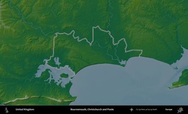 Bournemouth, Christchurch ve Poole. Renkli bir yükseklik haritasında Birleşik Krallık 'ın özetlenmiş yönetim alanı