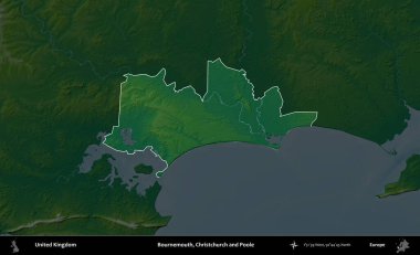 Bournemouth, Christchurch ve Poole. Birleşik Krallık 'ın idari alanı koyu renkli bir yükseklik haritasına vurgulanmış ve özetlenmiştir