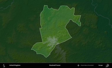 Bracknell Ormanı. Birleşik Krallık 'ın idari alanı koyu renkli bir yükseklik haritasına vurgulanmış ve özetlenmiştir