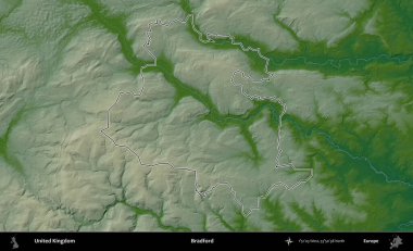 Bradford. Renkli bir yükseklik haritasında Birleşik Krallık 'ın özetlenmiş yönetim alanı