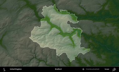 Bradford. Birleşik Krallık 'ın idari alanı koyu renkli bir yükseklik haritasına vurgulanmış ve özetlenmiştir