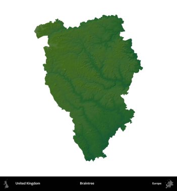 Braintree. Birleşik Krallık 'ın idari alanı renkli bir yükseklik haritasında beyaz üzerine izole edilmiş
