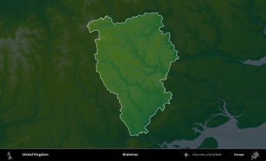 Braintree. Birleşik Krallık 'ın idari alanı koyu renkli bir yükseklik haritasına vurgulanmış ve özetlenmiştir
