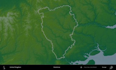 Braintree. Renkli bir yükseklik haritasında Birleşik Krallık 'ın özetlenmiş yönetim alanı