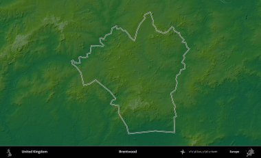 Brentwood 'da. Renkli bir yükseklik haritasında Birleşik Krallık 'ın özetlenmiş yönetim alanı