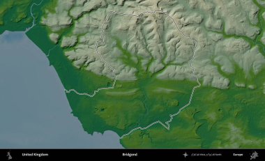 Bridgend. Renkli bir yükseklik haritasında Birleşik Krallık 'ın özetlenmiş yönetim alanı