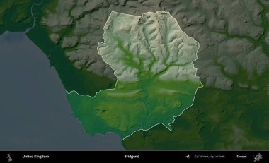 Bridgend. Birleşik Krallık 'ın idari alanı koyu renkli bir yükseklik haritasına vurgulanmış ve özetlenmiştir
