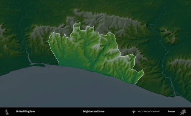 Brighton ve Hove. Birleşik Krallık 'ın idari alanı koyu renkli bir yükseklik haritasına vurgulanmış ve özetlenmiştir