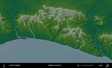 Brighton ve Hove. Renkli bir yükseklik haritasında Birleşik Krallık 'ın özetlenmiş yönetim alanı