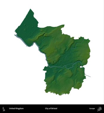 Bristol şehri. Birleşik Krallık 'ın idari alanı renkli bir yükseklik haritasında beyaz üzerine izole edilmiş