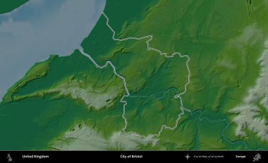Bristol şehri. Renkli bir yükseklik haritasında Birleşik Krallık 'ın özetlenmiş yönetim alanı