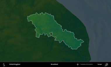 Geniş arazi. Birleşik Krallık 'ın idari alanı koyu renkli bir yükseklik haritasına vurgulanmış ve özetlenmiştir