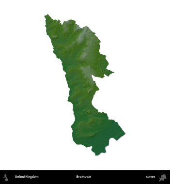 Broxtowe. Birleşik Krallık 'ın idari alanı renkli bir yükseklik haritasında beyaz üzerine izole edilmiş