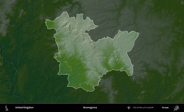 Bromsgrove 'da. Birleşik Krallık 'ın idari alanı koyu renkli bir yükseklik haritasına vurgulanmış ve özetlenmiştir