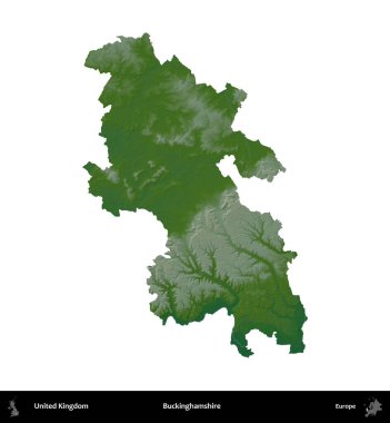 Buckinghamshire 'da. Birleşik Krallık 'ın idari alanı renkli bir yükseklik haritasında beyaz üzerine izole edilmiş