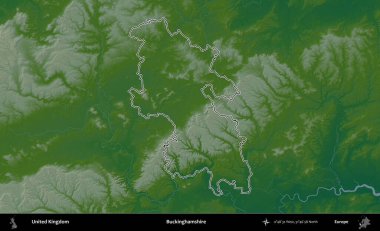 Buckinghamshire 'da. Renkli bir yükseklik haritasında Birleşik Krallık 'ın özetlenmiş yönetim alanı
